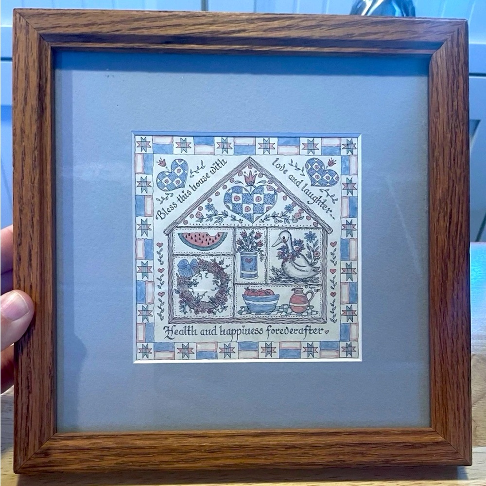 Creative Calligraphy Framed “Bless This House With Love” Print 1990 Cottagecore